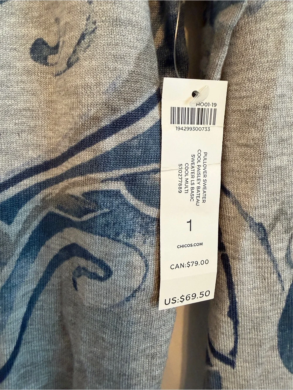 Chico's Gray Top with Blue Scroll Motif — Long Sleeve